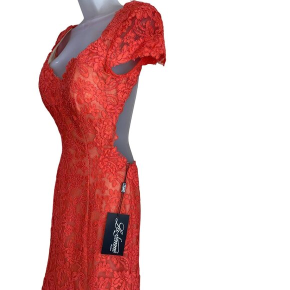 NWT La Femme Coral Lace Backless Formal Evening Gown Size 6 Coral - Picture 7 of 11